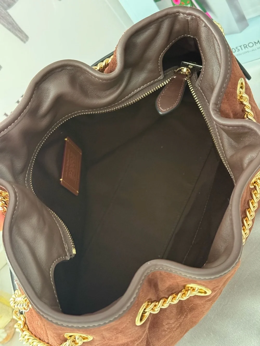 COACH CCZ80 Evelyn Shoulder Bag with Quilting Suede Gold/Vintage Brown/ Mapl WNT - Picture 12 of 13